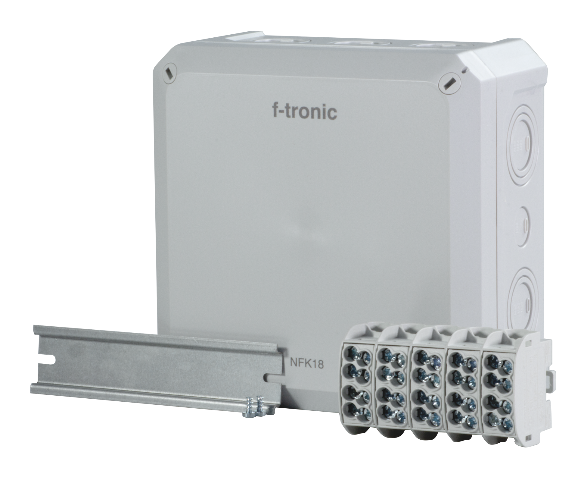 F-Tronic FR-Abzweigkasten 180x180x93mm, HLAK 5-pol. 25qmm, Hutsch., PS, IP66, grau, NFK18gr-HLAK5p25 F-Tronic FR-Abzweigkasten 180x180x93mm, HLAK 5-pol. 25qmm, Hutsch., PS, IP66, grau, NFK18gr-HLAK5p25
